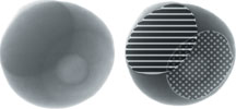 Figure 1: 16-bit digital X-ray image, of a single BGA solder ball at an oblique angle view. The location and size of the interface of the ball to the board, and that of the ball to the device, can be seen as ellipses within the ball (the flattened ellipses are hand-shaded for clarity). A large void can also be seen with its position clearly adjacent to the lower interface